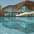 Modern Cultural Center Building With Wooden Roof Glass Curtain Walls And Water Reflections