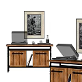 Vintage Audio Turntable System On Wooden Cabinet With Framed Artwork And Vinyl Records