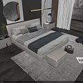 Modern Bedroom Double Bed With Gray White Bedding Headboard Nightstand And Footstool