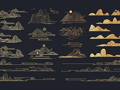 Traditional Chinese Landscape Wall Decor With Golden Line Art Mountain Cloud And Moon Elements 3d model