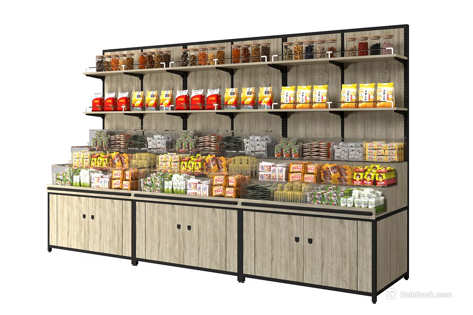 Retail Display Shelves with Multiple Tiers Holding Assorted Snacks Canned Goods and Boxed Items 3d model 