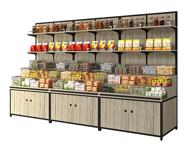 Retail Display Shelves with Multiple Tiers Holding Assorted Snacks Canned Goods and Boxed Items 3d model