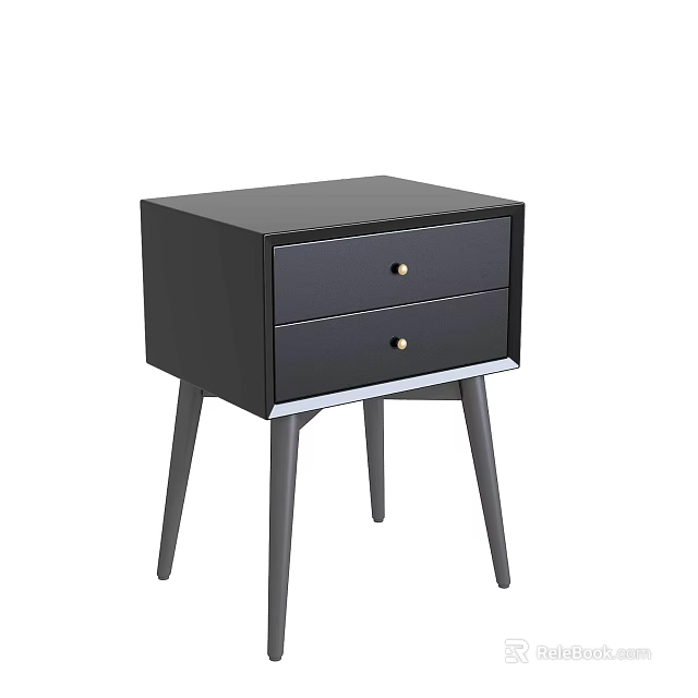 Modern Black Bedside Table With Two Drawers Golden Knobs And Slender Legs 3d model