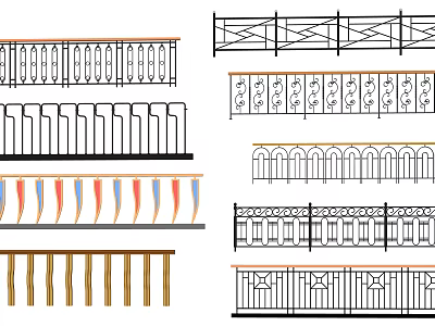 Various Fence Designs With Wooden Metal Railings And Decorative Patterns 3d model