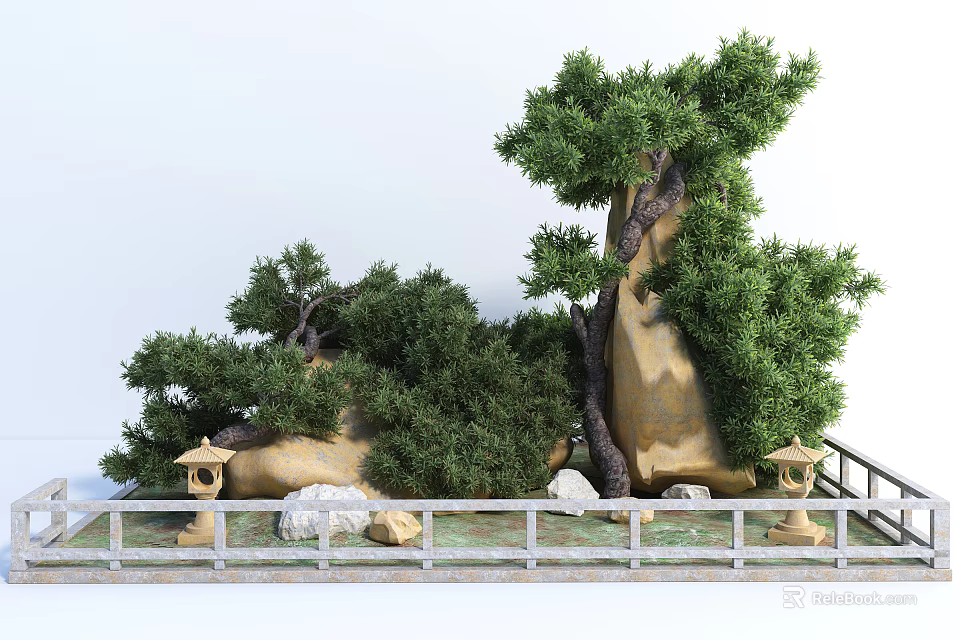 Traditional Japanese Style Garden Ornament with Pine Trees Rocks Stone Lanterns and Wooden Fence 3d model 
