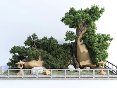 Traditional Japanese Style Garden Ornament with Pine Trees Rocks Stone Lanterns and Wooden Fence 3d model