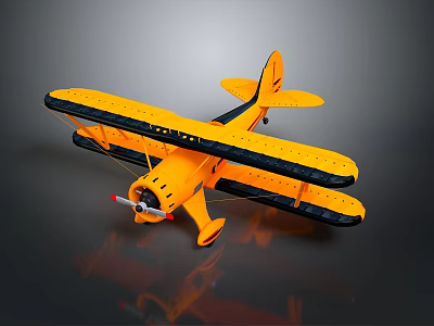 Yellow Biplane Model With Black Wings Tail And Detailed Propeller On Dark Background 3d model