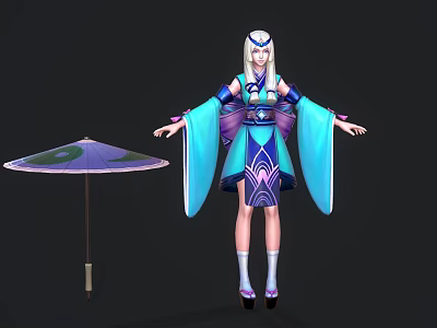 Fantasy Female Character In Blue Purple Kimono With Decorative Umbrella And Mythical Elements 3d model