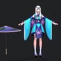 Fantasy Female Character In Blue Purple Kimono With Decorative Umbrella And Mythical Elements