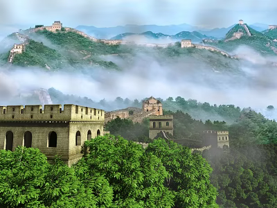 Magnificent Great Wall Scenery Shrouded In Light Mist With Rolling Green Mountains And Lush Forests 3d model