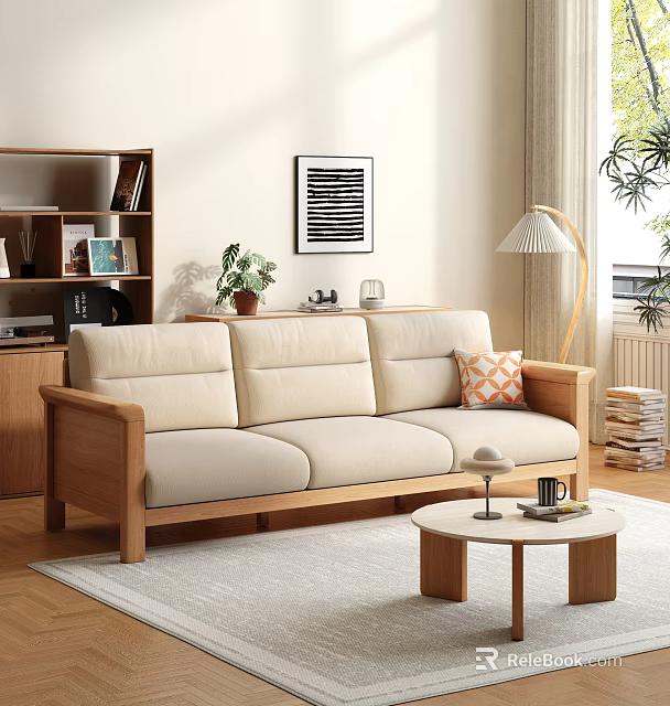 Warm Scandinavian Sofa And Coffee Table Set With Beige Upholstery Wooden Frame And Potted Plant 3d model 