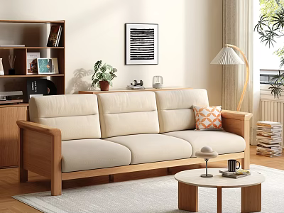 Warm Scandinavian Sofa And Coffee Table Set With Beige Upholstery Wooden Frame And Potted Plant 3d model
