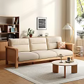 Warm Scandinavian Sofa And Coffee Table Set With Beige Upholstery Wooden Frame And Potted Plant