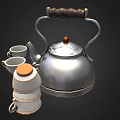 Silver Tea Set with Wooden Handle and White Orange Rim Cups