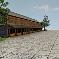 Ancient Chinese Architecture Featuring Traditional Roof Wooden Structure and Stone Paved Courtyard