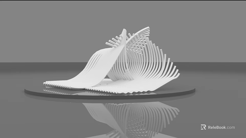 Abstract White Sculpture Carving With Layered Wave Design On Platform And Reflection 3d model 