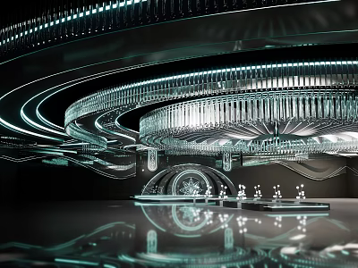 Elegant Modern Banquet Hall With Circular Ceiling Crystal Chandelier Light Strips Mirrored Floor And Tables 3d model