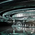 Elegant Modern Banquet Hall With Circular Ceiling Crystal Chandelier Light Strips Mirrored Floor And Tables