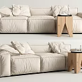Modern three-seater sofa in linen fabric with plush throw pillows and wooden side table