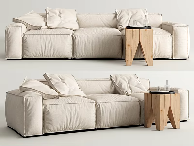 Modern three-seater sofa in linen fabric with plush throw pillows and wooden side table 3d model