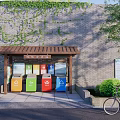 Public Waste Sorting Station with Covered Shelter Colorful Trash Bins and Information Boards