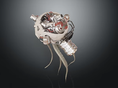 Detailed Mechanical Object with Intricate Metallic Structure Tentacle like Cables and Silver Finish 3d model