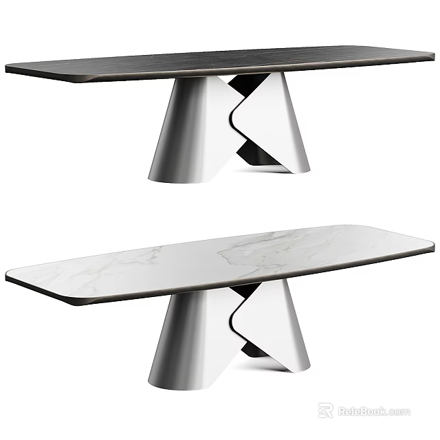 Modern Dining Table With Marble And Dark Wood Tops And Geometric Metal Legs 3d model 