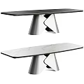 Modern Dining Table With Marble And Dark Wood Tops And Geometric Metal Legs
