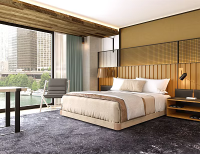 Hotel Guest Room With Large Bed Floor To Ceiling Window And City View Design 3d model