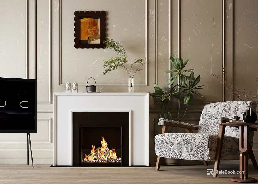 Elegant Living Room With White Fireplace Flames And Wall Art 3d model 