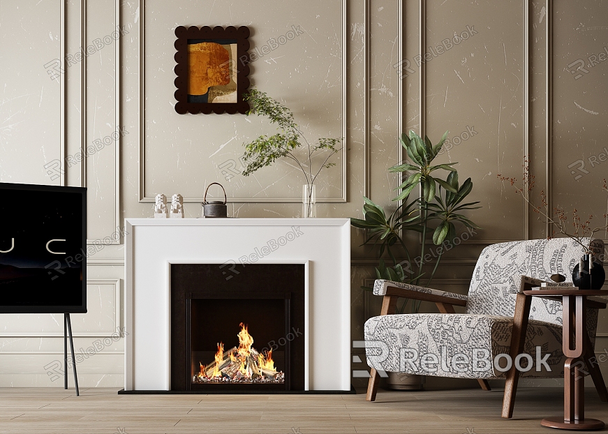 French Fireplace Lounge Chair Floor TV Fireplace Plant Decorative Painting French Cream Style Fireplace model