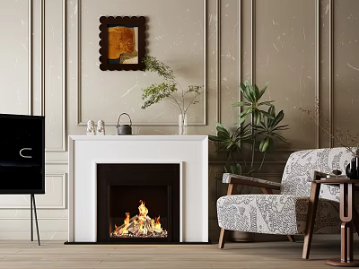 Elegant Living Room With White Fireplace Flames And Wall Art 3d model