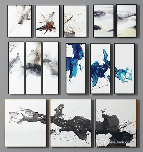 Abstract Ink Paintings With Black White Blue Brown Framed On Gray Wall For Modern Decor 3d model 