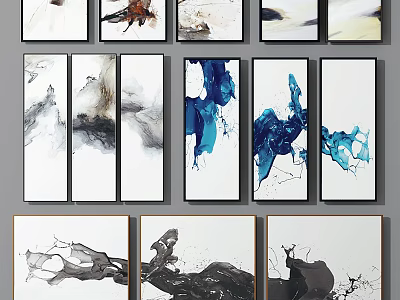 Abstract Ink Paintings With Black White Blue Brown Framed On Gray Wall For Modern Decor 3d model