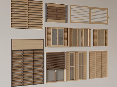 Various Window Blinds Styles With Wooden Slats And Multiple Designs For Home Interior 3d model