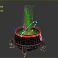 Black Cauldron With Green Flame Red Hook And Decorative Legs