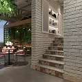 Café Interior Design With Green Plants Wooden Counter Cake Display And Decorative Shelves