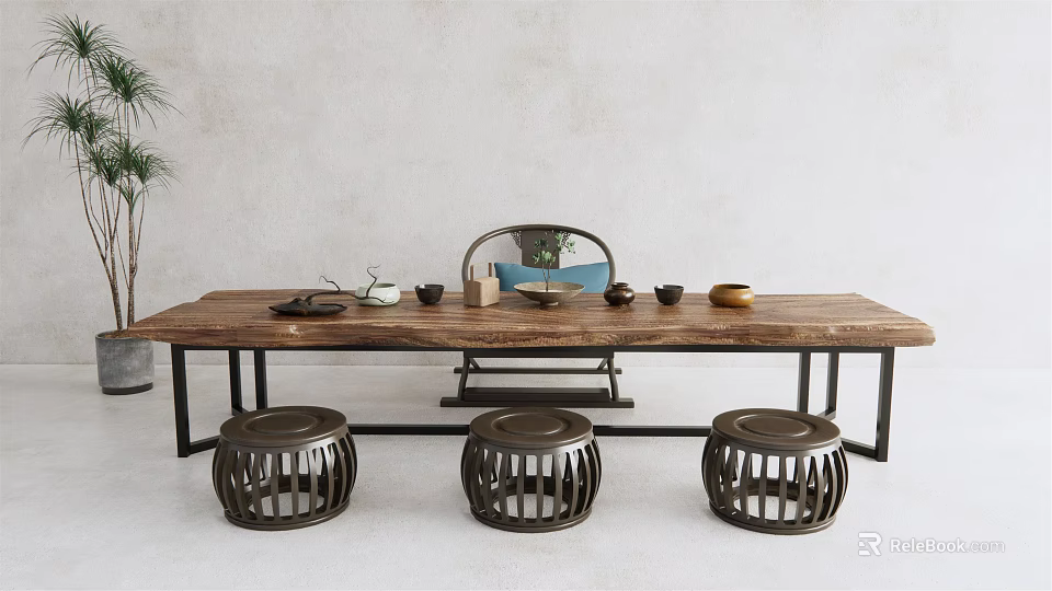 Solid Wood Tea Table With Hollow Carved Round Stools Accent Chair And Tea Sets 3d model