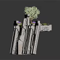 Modern Stone Landscape Wall with Layered Blocks Green Plants and Small Tree