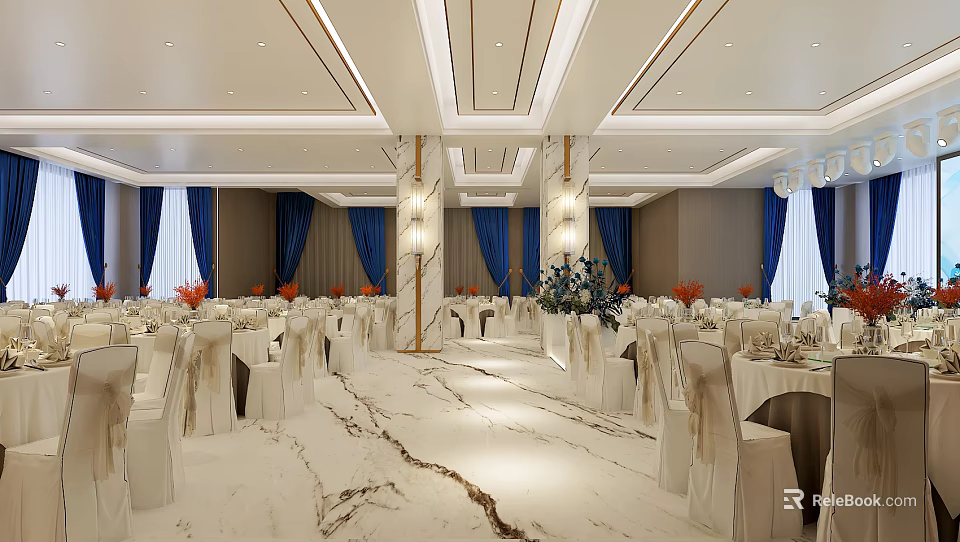 Elegant Banquet Hall With Marble Floor White Tables And Blue Curtains 3d model 