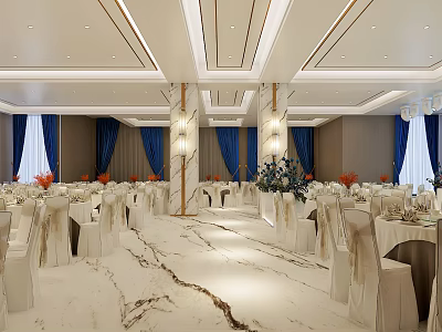 Elegant Banquet Hall With Marble Floor White Tables And Blue Curtains 3d model