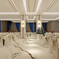 Elegant Banquet Hall With Marble Floor White Tables And Blue Curtains