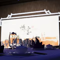 Elegant Banquet Hall Interior With Chinese Style Decor Round Tables White Tablecloths And Lantern Lamps