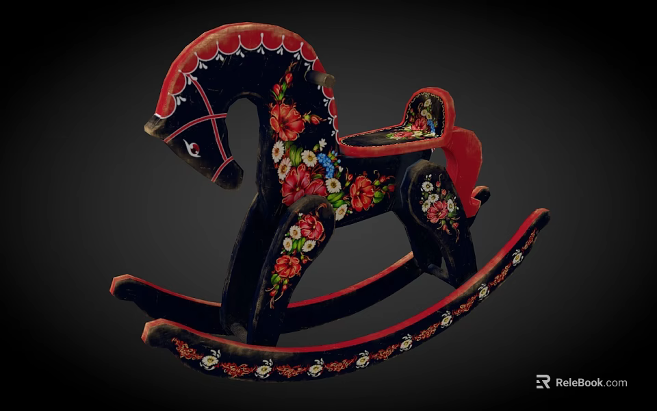 Colorful Building Blocks Rocking Horse Crafted with Red Black Accents and Floral Patterns 3d model 