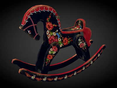 Colorful Building Blocks Rocking Horse Crafted with Red Black Accents and Floral Patterns 3d model