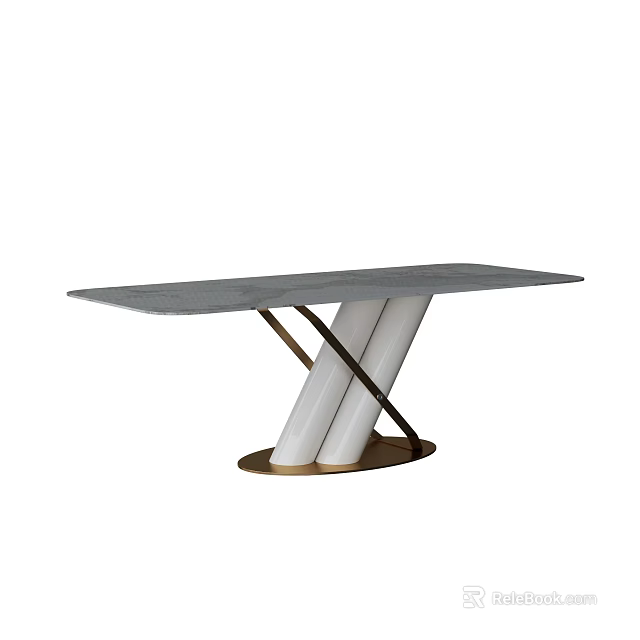 Stylish Modern Dining Table With Gray Tabletop White Cylinder Legs And Golden Base 3d model 