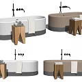 Modern Freestanding Bathtub With Wooden Stools White Beige Finishes Towels And Faucets