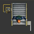 Metal Staircase With Yellow Handrails And Worker In Blue Work Uniform Orange Hard Hat
