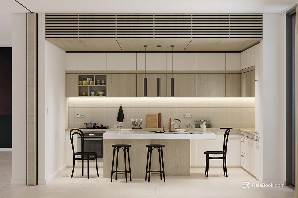 Modern Kitchen Interior Design With Island Counter Cabinets Lighting And Black Chairs 3d model 