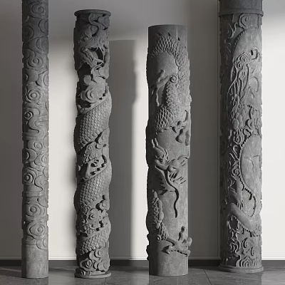 Traditional Chinese Columns With Intricate Dragon And Phoenix Carved Stone Designs 3d model